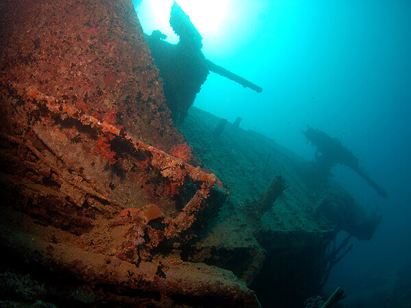 The stern of the Thistlegorm, the most impressive wreck of the Red Sea.