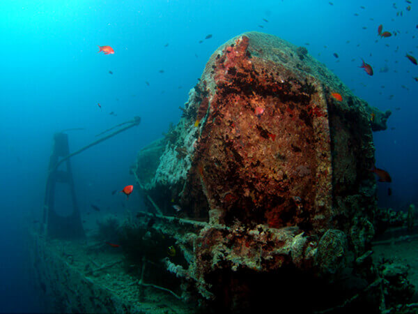 Water tank and davits on the deck of theThistlegorm, the highlight of your diving holiday